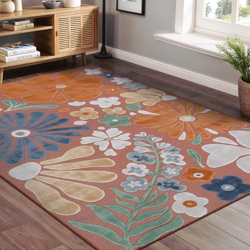 Outdoor Rug 5x7 Modern Floral Tropical Area Rugs for Outdoor and Indoor Patio Easy to Clean Non Shedding Living Room Porch Garden Washable Outside Carpet (35 Sq Ft)