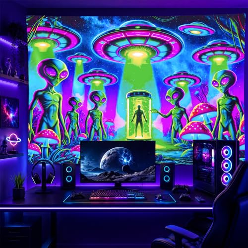 Blacklight Tapestry Alien UFO Room Wall Art 78 x 59 Inch