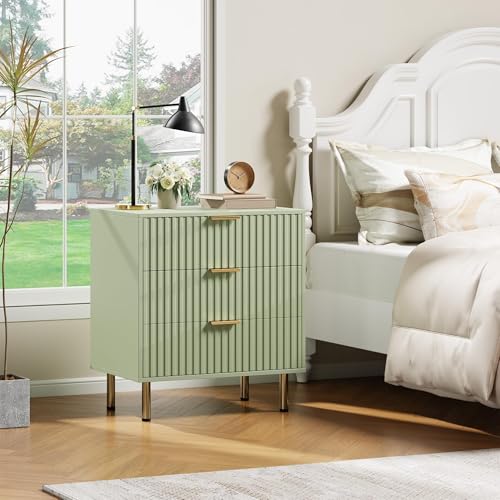 Fluted Green 3 Drawer Dresser for Bedroom with Deep Drawers