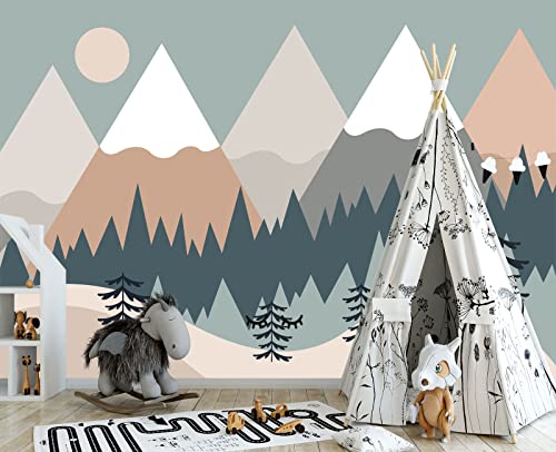 Children's Cartoon Mountain Peak Forest Sun Nursery wall Mural Wallpaper 178" x 117" (144.6 Sq Ft)