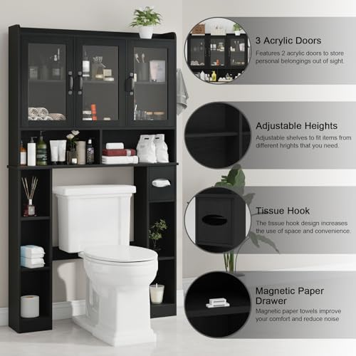 Black Over The Toilet Storage Cabinet with Glass Doors