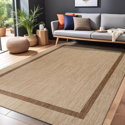 Bordered Outdoor Rug 5x7 Washable Outside Carpet for Indoor Patio Porch Waterproof Easy Cleaning Non Shedding Area Rugs Jute Beige