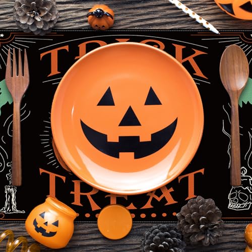 4Pcs Halloween Placemats Pumpkin Bat Black Cat Skeleton Table Mat Vintage Decorative Place Mats for Party Table Setting Decor (4 Count)