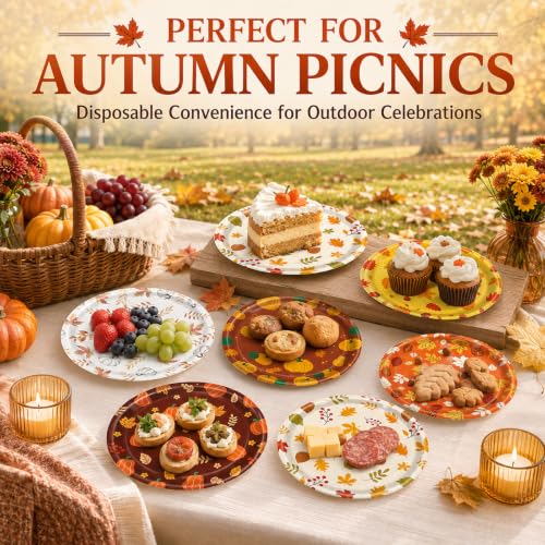 48 PCS Fall Paper Plates 7 inch Autumn Leaves Pumpkin Party Plates (50 Count)