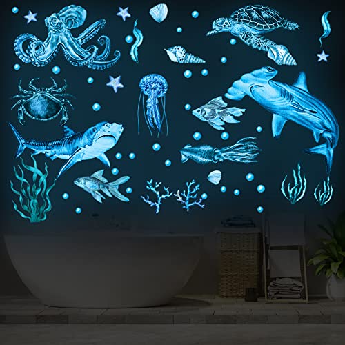 4 Pieces Glow in The Dark Ocean Wall Decals Under The Sea Wall Decals Fish Stickers PVC Sea Animals Stickers for Room Living Room Nursery Bathroom Decoration