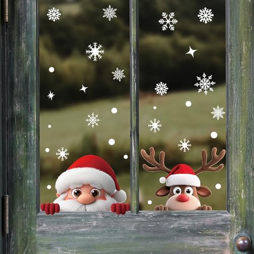 Christmas Window Clings for Glass 2 Sheet Santa Window Decals with Reindeer Designs Window Stickers Cute Windows Cling for Winter Party Supplies Home School Office Glass Decorations (2 Count)