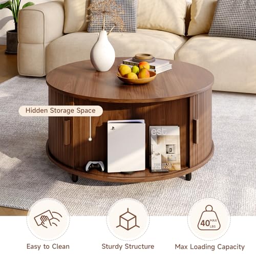31.5" Round Coffee Table with Storage Adjustable Footpads