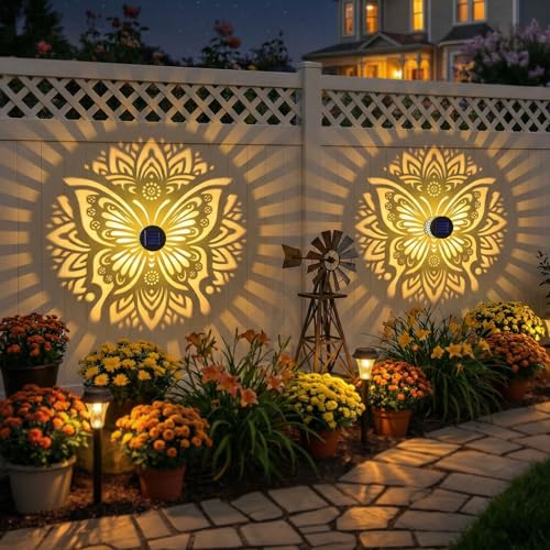 2 Pack Solar Fence Lights Metal Solar Powered Outdoor Wall Deck Step Lights Butterfly Mandala Theme Waterproof Fence Light for Garden Post Patio Backyard Yard Decor (2 Count)