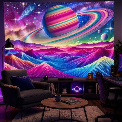 Blacklight Tapestry Saturn Landscape UV Backdrop 78 x 59 Inch