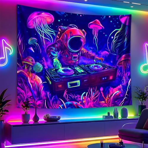 Blacklight Space Astronaut Tapestry UV Reactive Galaxy Planet Glow in Dark Tapestries Black Light Poster Neon Wall Hanging Art for bedroom Living Room