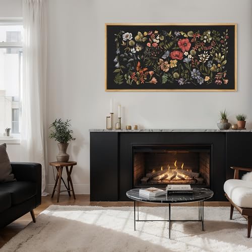 Extra Large Framed Canvas Print Wall Art Midnight Garden Vintage Floral Illustrations Antique Retro Fine Art Illustrations Decorative Colorful for Bedroom