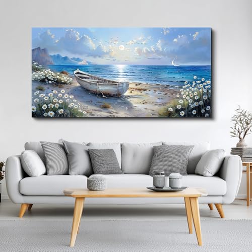 Large Wall Art For Living Room Canvas Wall Decor For Bedroom Office White Flower Seaside Landscape Painting Farmhouse Decorations Wall Pictures Artwork Ready To Hang Home Decor 24"X48"
