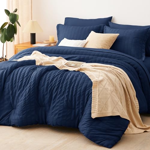 Full Size Comforter Sets 7 Pieces Navy Blue Seersucker Bed in a Bag