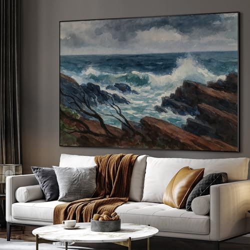 46"x60" Extra Large Framed Wall Art Rocky Seashore with Crashing Waves and Moody Sky for Home Living Room Bedroom Decor
