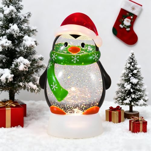 Christmas Snow Globe Penguin Lighted Musical Glitter Globe Battery Operated or USB Powered with Timer Water Glittering Snowing Globe for Christmas Party Home Table Decorations Gifts