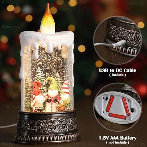 Gnome Snow Globe Candle Christmas Decorations Gifts Auto Snowfall Glitter Music Collection with 6H Timer USB