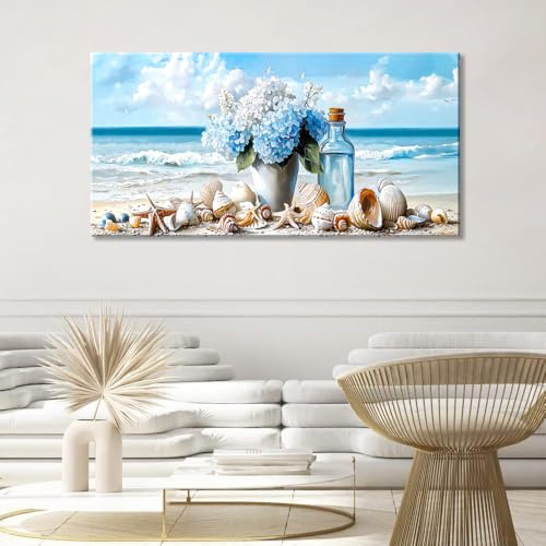 Romantic Beach Wall Art for Living Room Blue Shells Conch Vase Canvas Prints Modern Large Flower Bottle Bedroom Ocean Artwork Decor