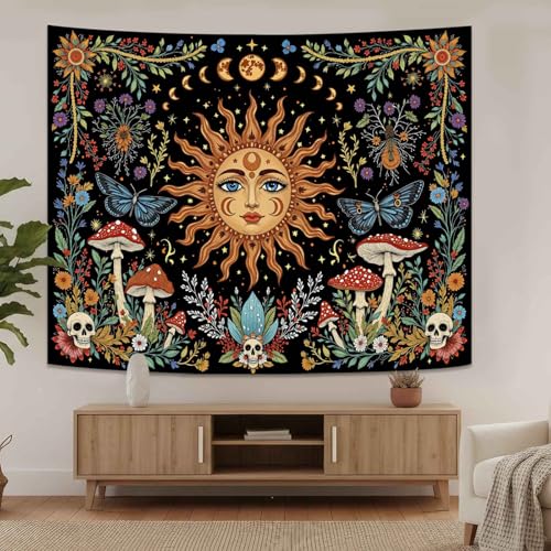 Celestial Sun Mushroom Skull Wall Tapestry