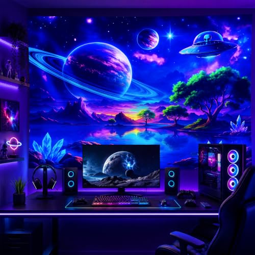 Blacklight Tapestry Alien UFO Party Wall Decor 78 x 59 Inch