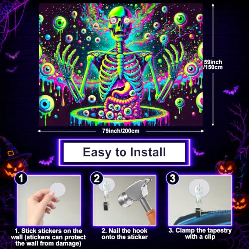 Blacklight Tapestry Skull Eyeball Wall Art 78 x 59 Inch