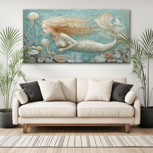 Ocean Mermaid Wall Art for Girls Room Modern Canvas Prints Marine Organism Underwater World Sea Creatures Artwork Paintings Women Bedroom Wall Decor