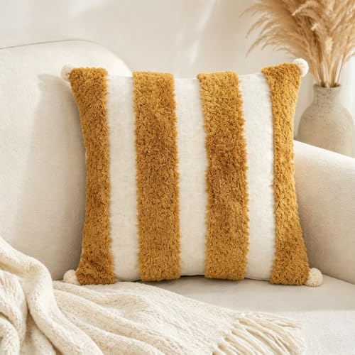 Boho Throw Pillow Covers 18x18 Tufted Decorations Mustard Yellow