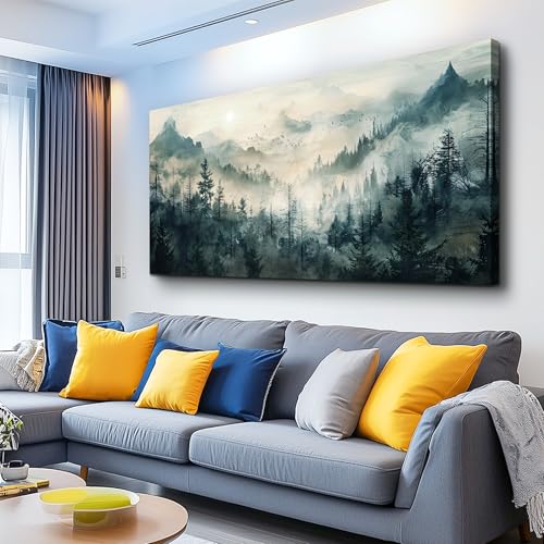 Misty Forest Wall Art Home Decor Mountain View Large Canvas Wall Painting Nature Landscape Painting For Living Room Bedroom Office Modern Printed Artwork Can Be Hung Directly 24x48 Inches
