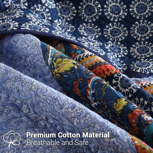 Queen Quilt Set Reversible Lightweight Bohemian Paisley Patchwork Cotton Quilted Bedspread Coverlet Set 3