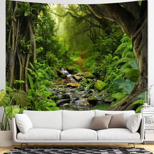 Green Rainforest Tapestry Nature Forest Tapestry for Bedroom Aesthetic Misty Tropical Jungle Trees Flowing Stream Landscape Tapestries Wall Hanging for Living Room Dorm 90 x 68 Inch