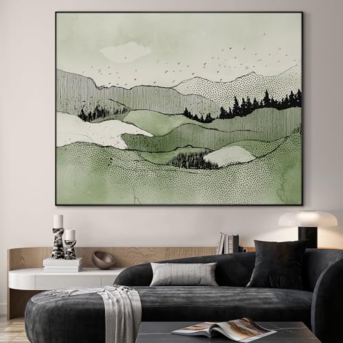 46"x60" Extra Large Framed Wall Art Green Line Art Mountain Landscape Illustration for Home Living Room Bedroom Decor
