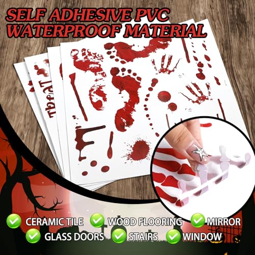 Scary Halloween Decorations Bloody Handprint Footprint Stickers Clings Decals Window Bathroom Floor Restroom (5 Count)