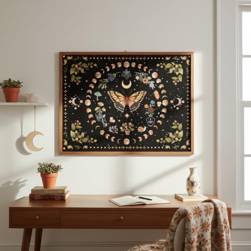 Yellow Butterfly Moon Flower Tapestry Botanical Floral Plant Boho Tapestry for Bedroom Aesthetic Vintage Tapestries Wall Hanging for Living Room Dorm