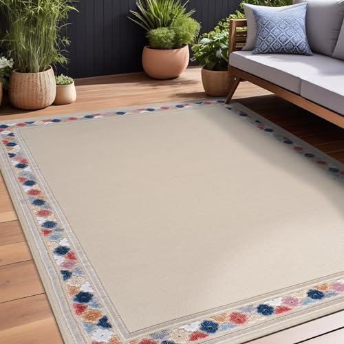 Outdoor Rug 5x7 Modern Bordered Area Rugs for Indoor and Outdoor Patio Easy to Clean Non Shedding Living Room Porch Garden Washable Outside Carpet