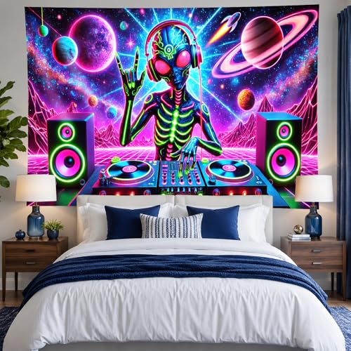 Blacklight Tapestry Alien DJ Wall Hanging 78 x 59 Inch