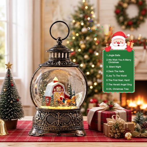 Christmas Snow Globes Christmas Water Lantern with Carriage Red barn Farm Scene Music & 6H Timer USB Lined