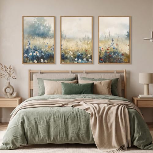 Neutral Pastoral Wildflower Framed Canvas Wall Art Set