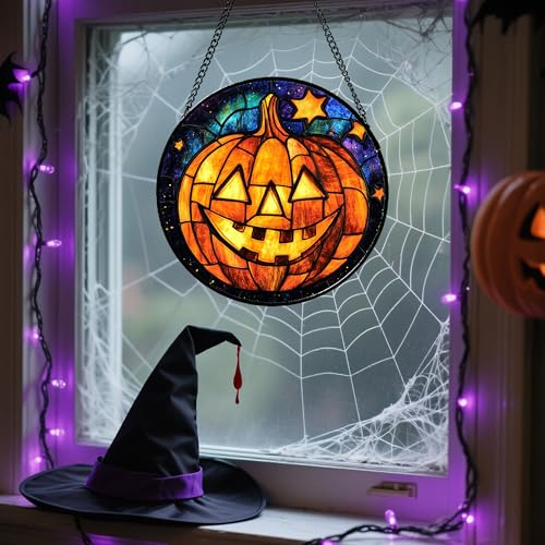 Stained Glass Window Hanging Halloween Horror Golden Pumpkin 11.8"