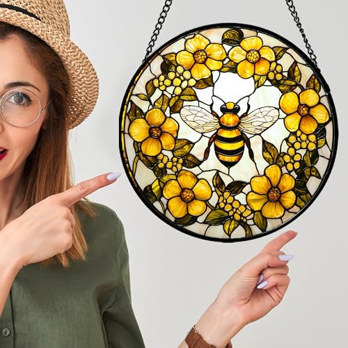 Bee Wreath Stained Glass Window Hanging Suncatcher Gifts for Women 7.8"