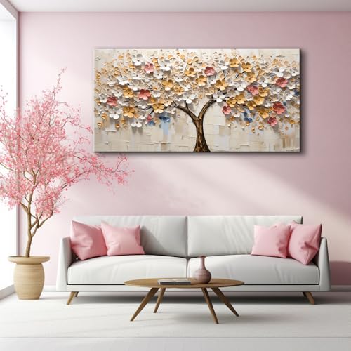 White Spring Tree of Life Wall Art Office Decor Living Room Modern Painting Prints Pictures Abstract Floral Flower Nature Canvas Large Landscape Artwork