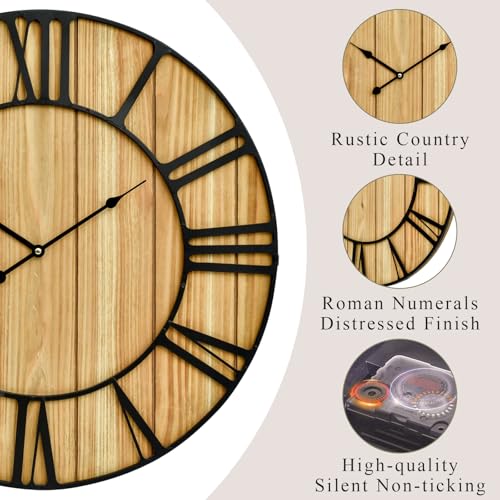 Large Farmhouse Wall Clock 24 Inch Vintage Brown Wooden Wall Clock with Quiet Ticking and Minimalist Roman Numerals for Bedroom Living Room Office Kitchen Home Decor