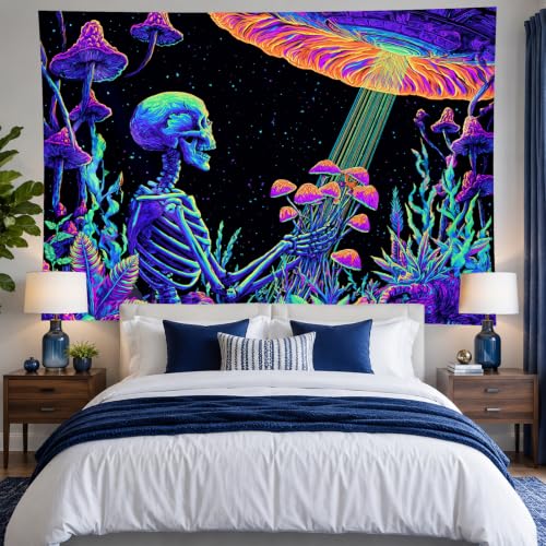 Blacklight Tapestry Skeleton UFO Glow Backdrop 78 x 59 Inch