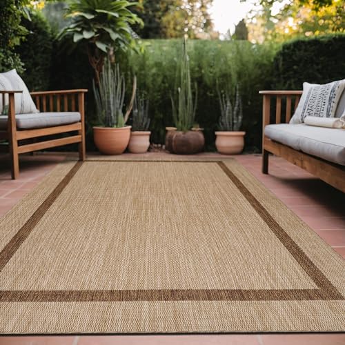 Bordered Outdoor Rug 5x7 Washable Outside Carpet for Indoor Patio Porch Waterproof Easy Cleaning Non Shedding Area Rugs Jute Beige