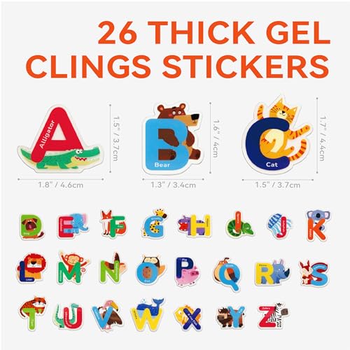 26 PCS Alphabet Animal Gel Stickers Colorful Uppercase Animal Stickers and ABC Window Decals Ideal for Toddlers Spelling Learning for Home Classroom and Nursery Thick Removable & Reusable (26 Count)