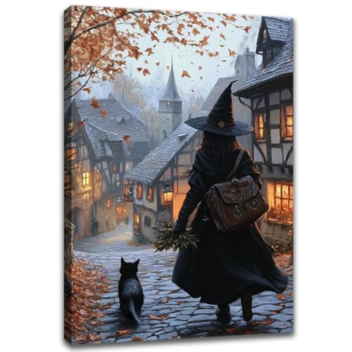 Autumn Witch And Black Cat Picture Wall Decor