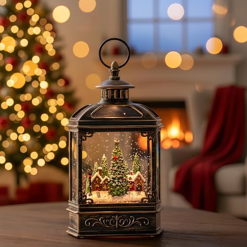 Christmas Village Snow Globe Lantern Musical Lighted Village House Water Lantern in Swirling Glitter