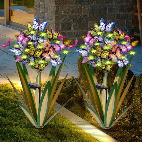 Solar Metal Agave Butterfly Flower Stick Garden Sculpture Outdoor Gift Solar Garden Christmas Lights Swaying Butterfly Garden Lights Solar Outdoor (2 Count)