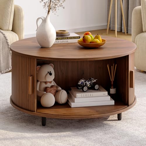 31.5" Round Coffee Table with Storage Adjustable Footpads