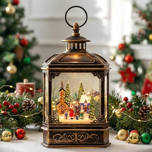 Christmas Snow Globe Lantern Water Glittering Town Home with Carolers