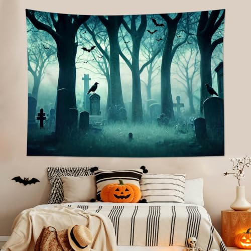 Halloween Forest Tapestry Spooky Cemetery Bat Wall Decor 60Wx40L Inch