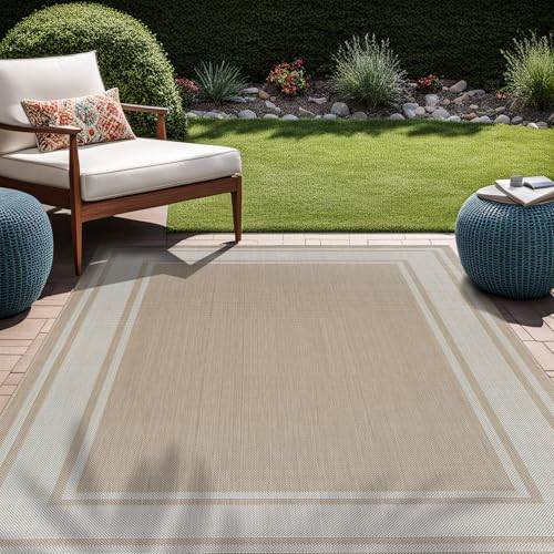 Outdoor Rug 8x10 Modern Bordered Area Rugs for Indoor and Outdoor Patio Deck Porch Garden Waterproof Weather Sun Resistant Washable Outside Carpet (80 Sq Ft)